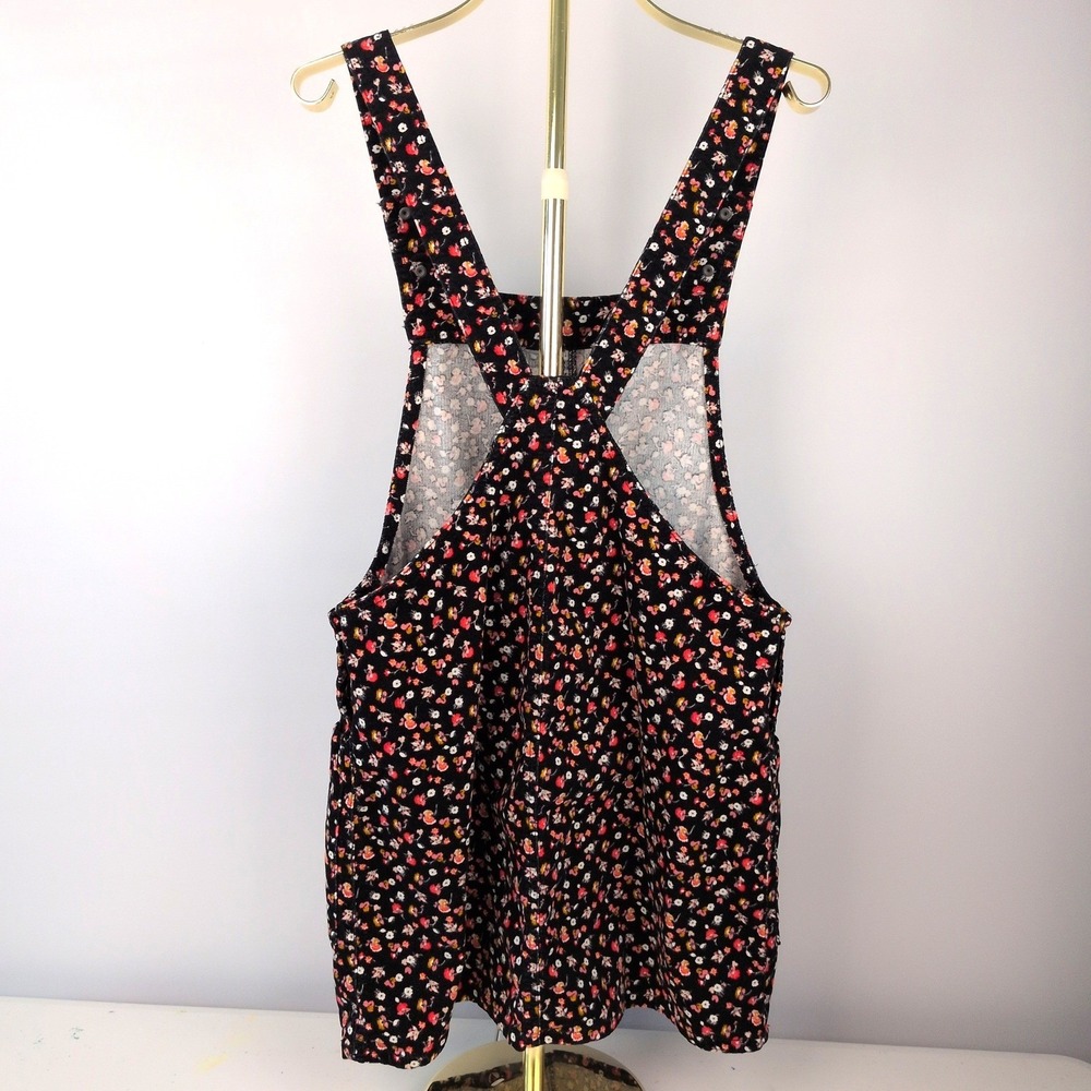 Xhilaration Women L Jumper Dress Black Floral Corduroy Bib Pinafore Mini Pocket - Picture 6 of 10
